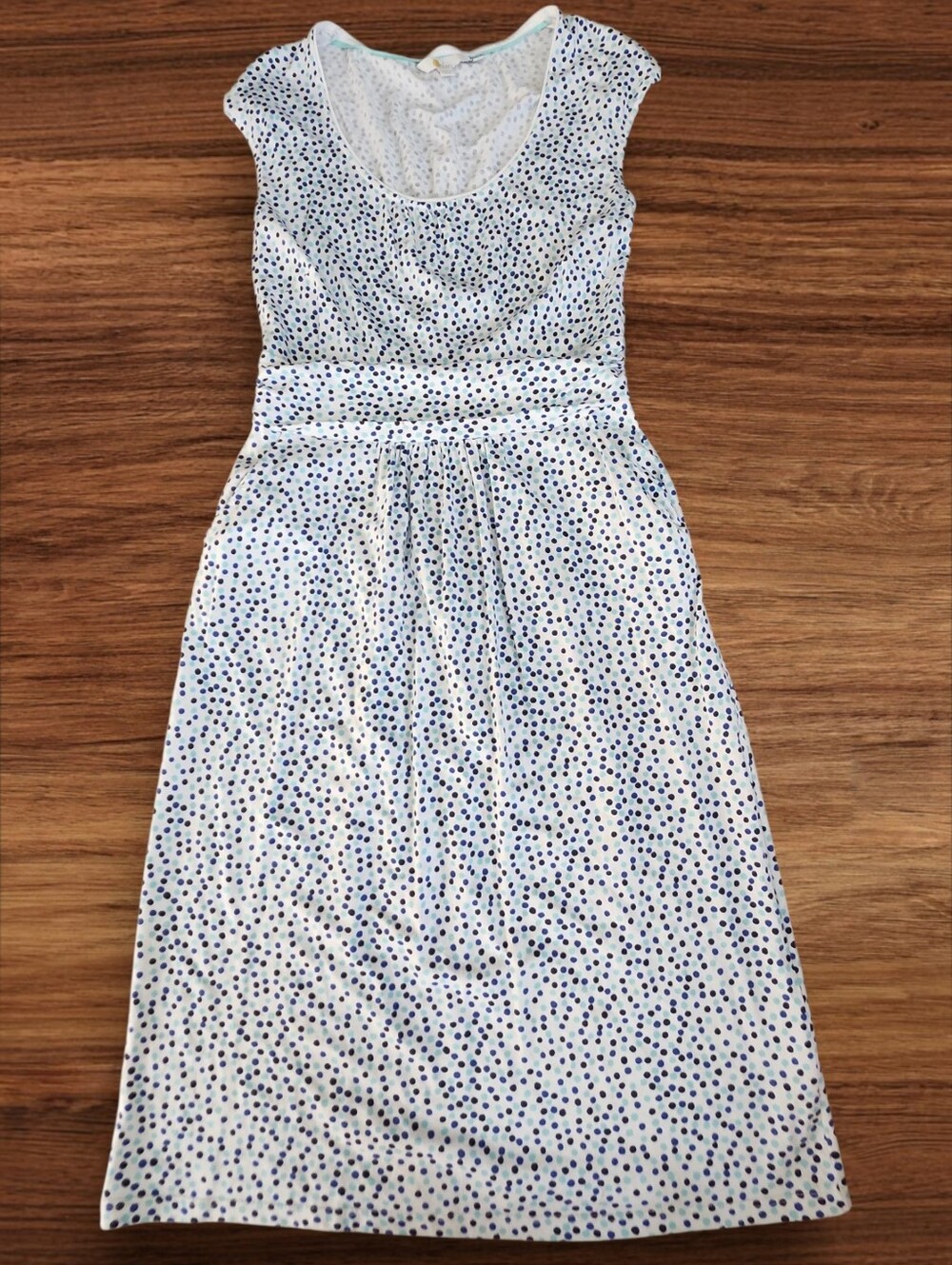 Boden Margot Jersey Dress White Blue Polka Dot Cap Sleeve Pockets US 8L UK 12L